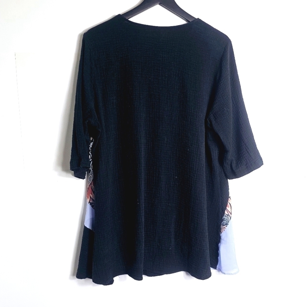 Lindi Gauze Black Cotton Floral Swirl 3/4 Sleeves Tunic Women's Blouse Size 2X - Picture 8 of 8